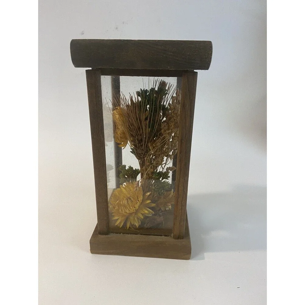 Vintage Dried Flower Glass Box on Wood Base And Top Cottagecore Rustic Country